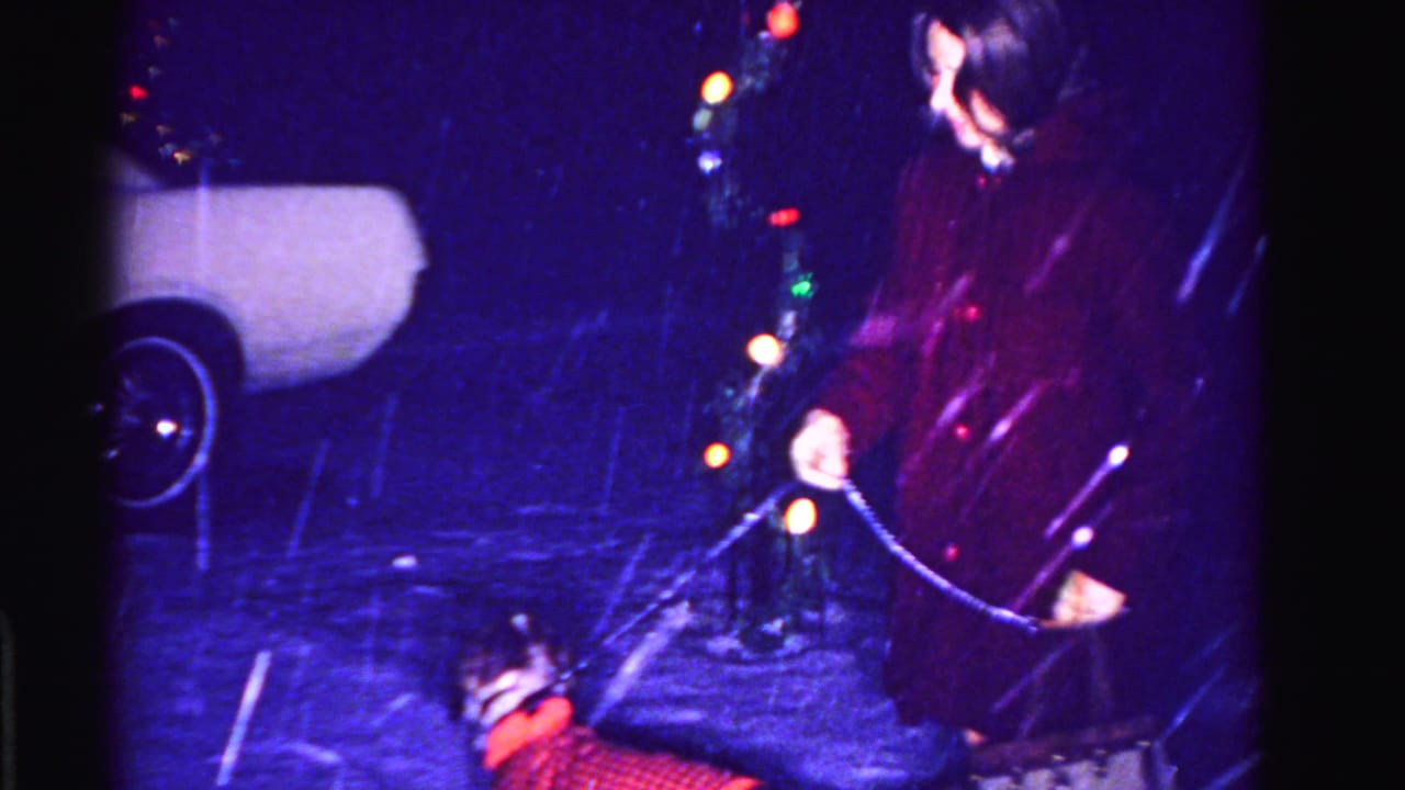 Woman in dark red coat bending toward a small dog on a leash beside multicolor Christmas lights, blue-purple night scene with heavy falling snow.