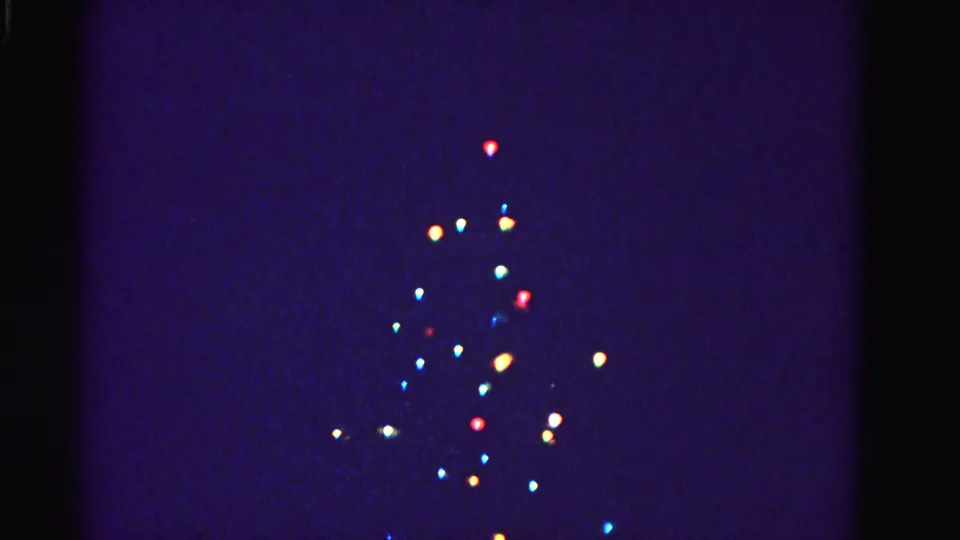 Outdoor Christmas tree lit with multicolored bulbs against a dark night sky, circa 1962; pronounced blue-purple 8mm film color cast with soft blooming around each light.
