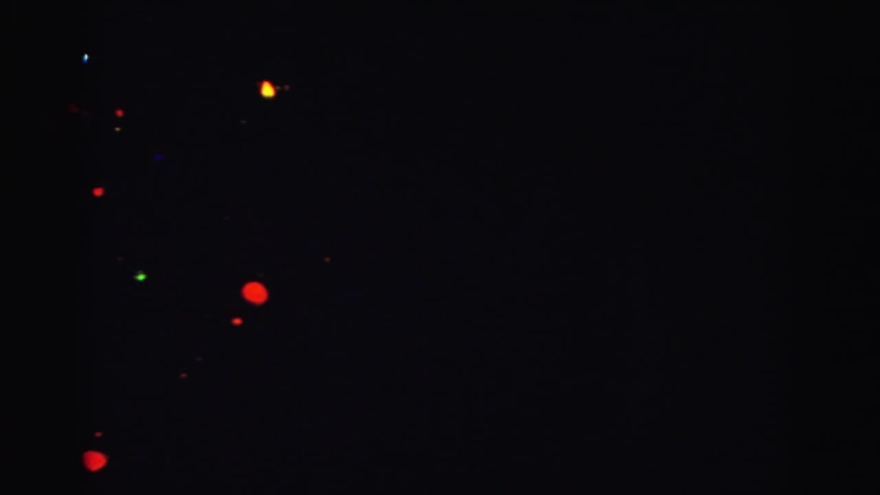 Near-dark opening frame from 1962 8mm home movie; scattered colored Christmas lights visible against an otherwise black field.