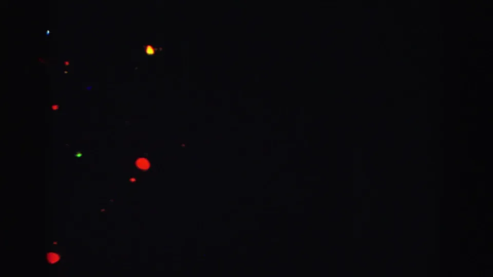 Near-dark opening frame from 1962 8mm home movie; scattered colored Christmas lights visible against an otherwise black field.