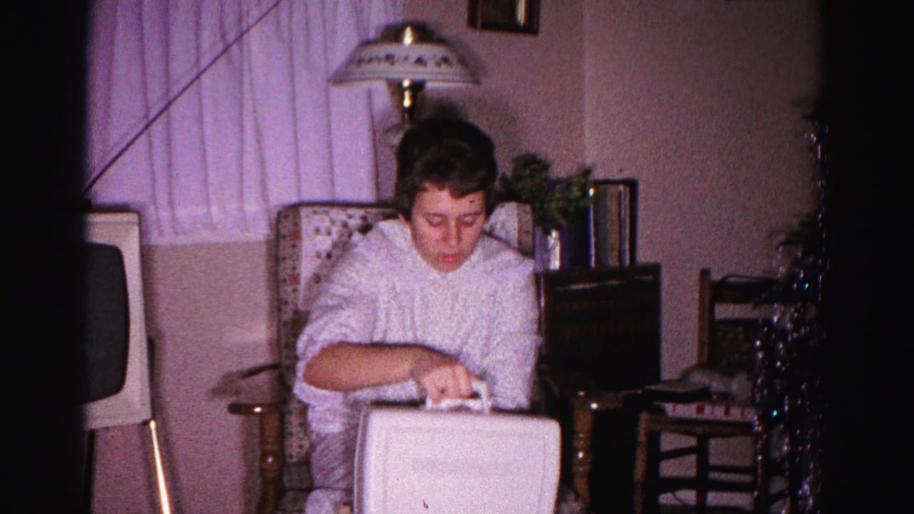 Woman in early-1960s dress leans over what appears to be a pet carrier in a wicker armchair; vintage console television visible at left, circa 1962 Hagerstown, Maryland.