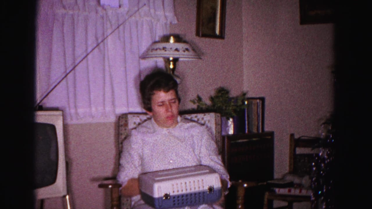 Woman in early-1960s dress holds a white-and-blue vented pet carrier in a mid-century living room; holiday tinsel at right suggests a seasonal occasion, circa 1962.