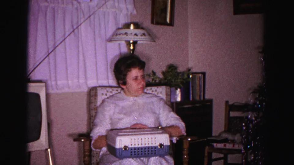 Woman in a light-colored dress holds a white-and-blue pet carrier in her lap in an early-1960s living room interior, circa 1962 Hagerstown, Maryland.