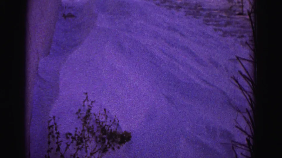 8mm close-up circa 1962 of wind-ridged snow drift surface showing sculpted ridge and shadow detail; dry plant stems at lower left; strong purple-violet color shift from film age.