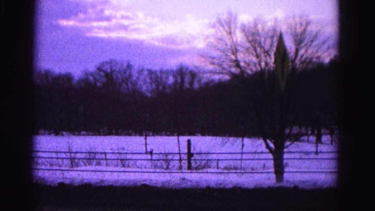 Snowy rural field with wire fence, bare deciduous tree, and a diamond-shaped road sign under a purple twilight sky, aged 8mm film.