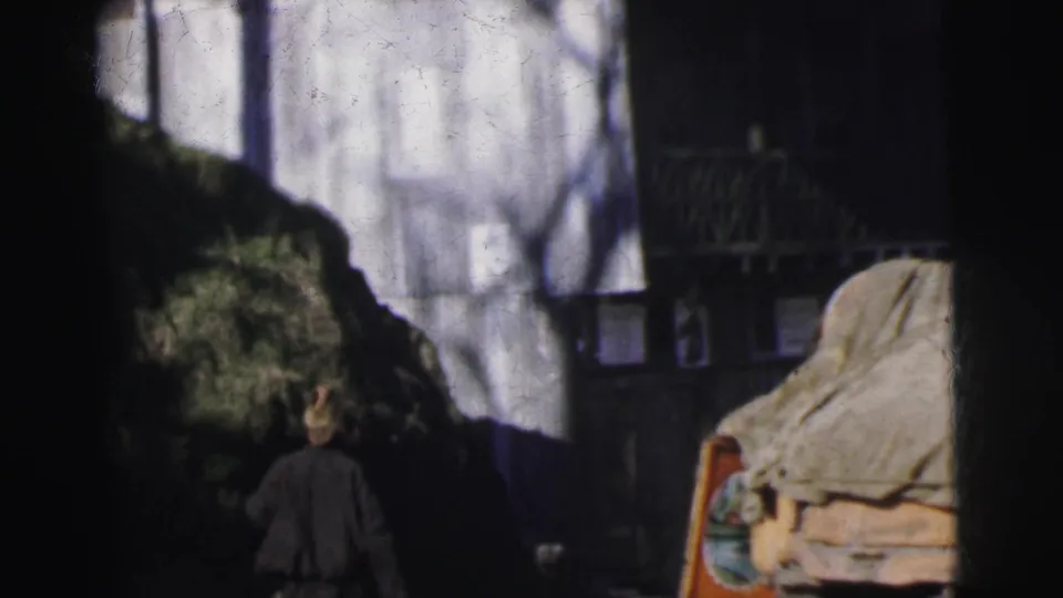 Woman in dark dress viewed from behind at an outdoor zoo enclosure, likely Calcutta, India, circa 1962; wooden shelter and tree shadows on white wall visible.