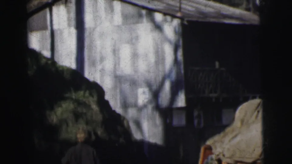 Corrugated-metal roadside structure with trees and a sheltering figure, India, circa 1962, 8mm home movie.