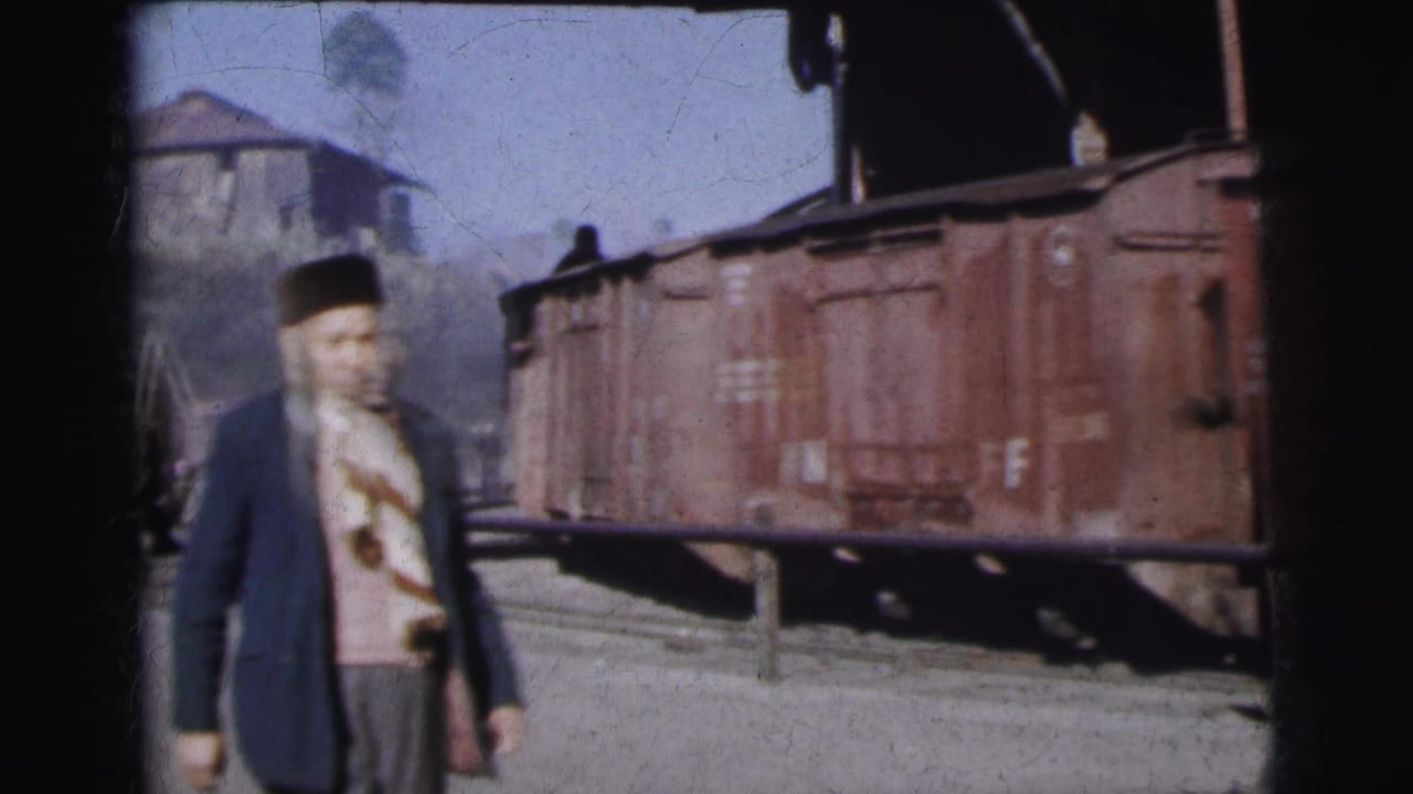 Man in dark astrakhan hat and blue jacket stands in left foreground; rust-red freight cars and a hillside building extend behind him.