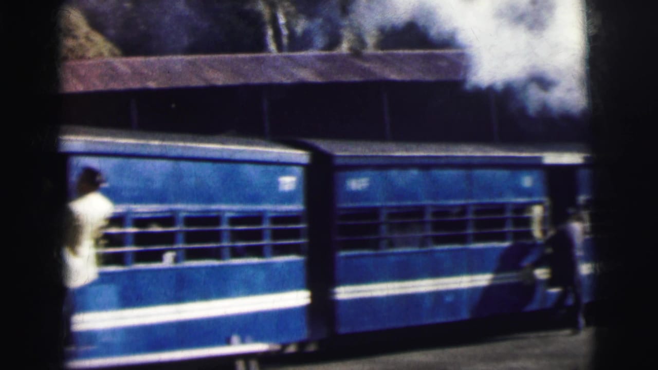 Blue and white striped passenger carriage passing station; figure visible near train; station building above.
