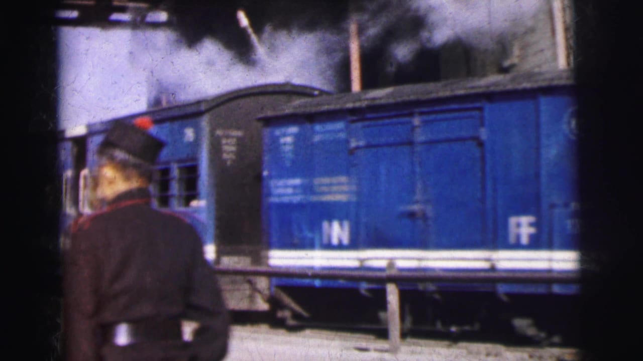 Railway worker viewed from behind beside blue passenger rail coaches with painted letter markings, 8mm colour film, India c.1962.