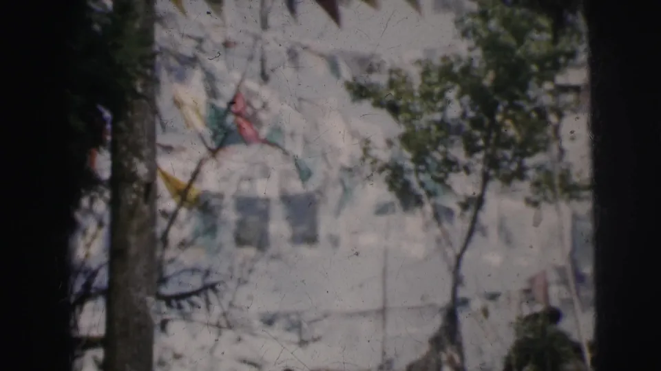 Heavily degraded 8mm frame showing decorative flags and trees, possibly at a public gathering site in Calcutta, circa 1962.