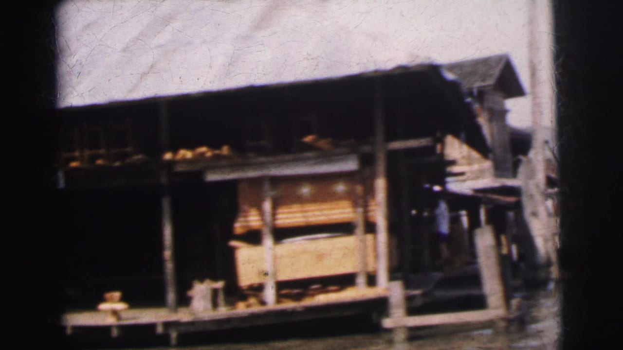Wooden riverside structure with raised platform and corrugated roof beside water.