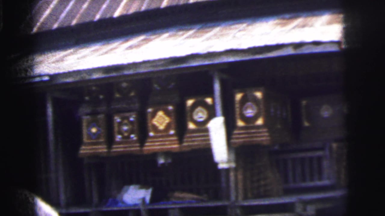 Close view of a dark wooden facade with decorative panels under a corrugated roof.