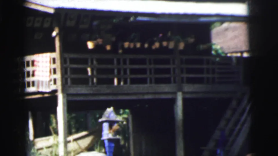 1962 Calcutta home-movie view of a raised wooden porch with patterned cloth, railings, foliage, and blue birdhouse below.