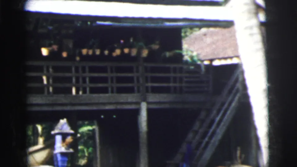 1962 Calcutta frame showing the raised house porch, patterned cloth, blue birdhouse, foliage, and a stair-like structure at right.
