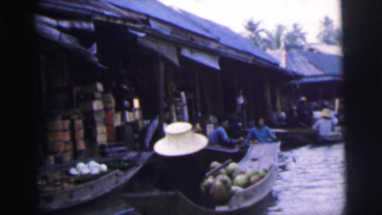 Boat with round fruit and a person in a broad conical hat near market stalls.