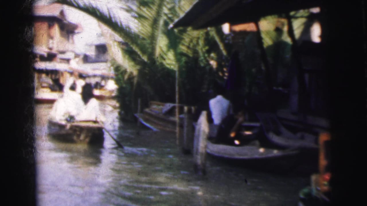Boats sit along a shaded canal beside wooden structures and palm trees.