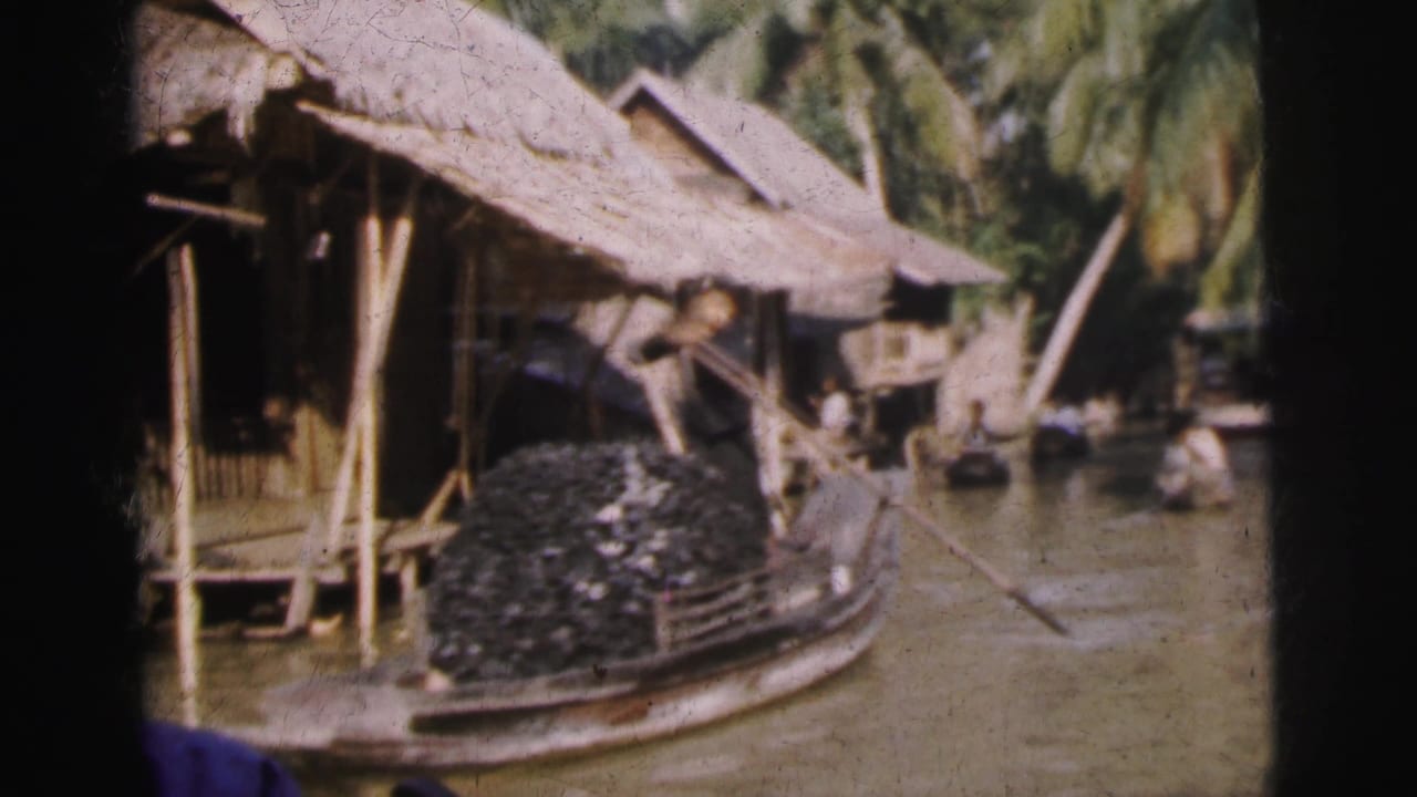 A pole-driven boat passes thatched waterside buildings with palms in the background.