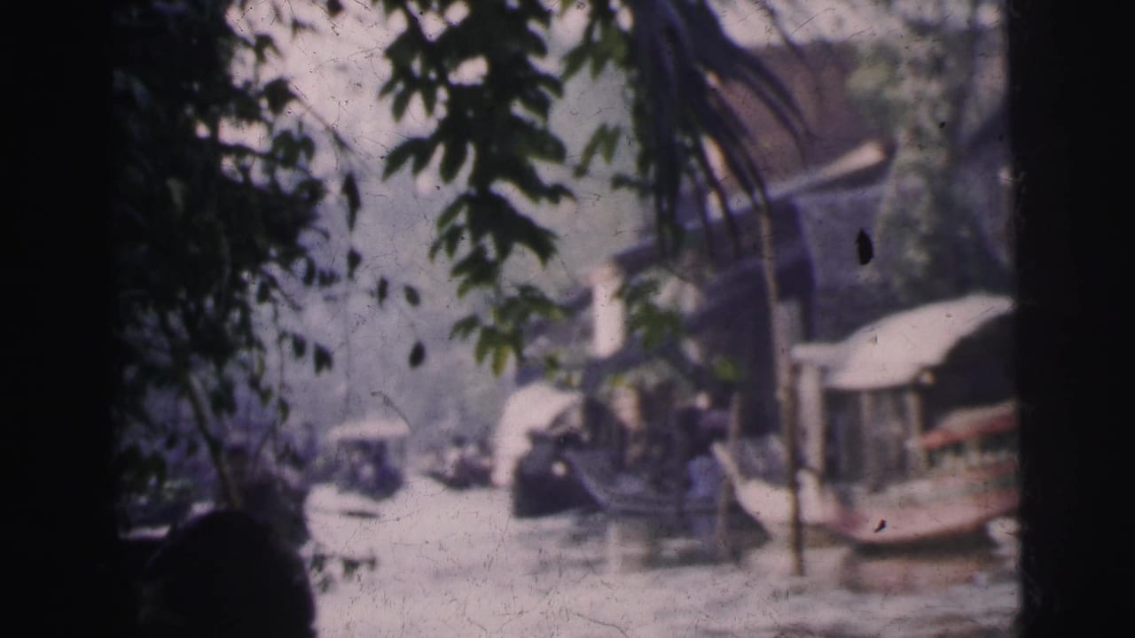 Obstructed river scene with boats, foliage and buildings along the water.