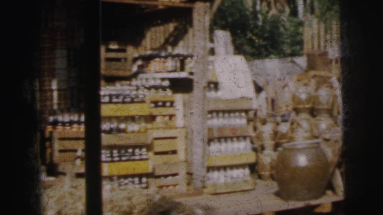 Market goods and ceramic jars beside leafy shade and stacked crates.