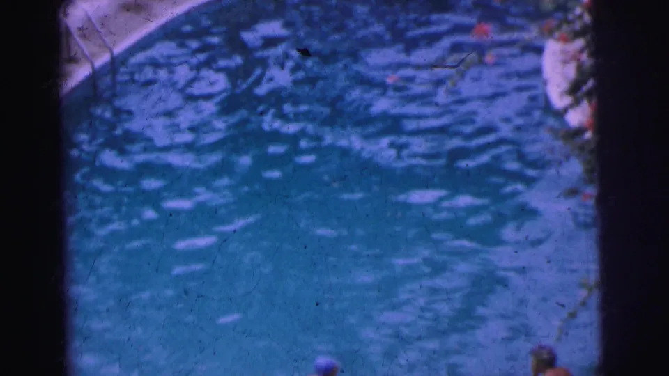 Home-movie frame from the Calcutta pool sequence showing swimmers at the lower edge and flowering shrubs beside the water.
