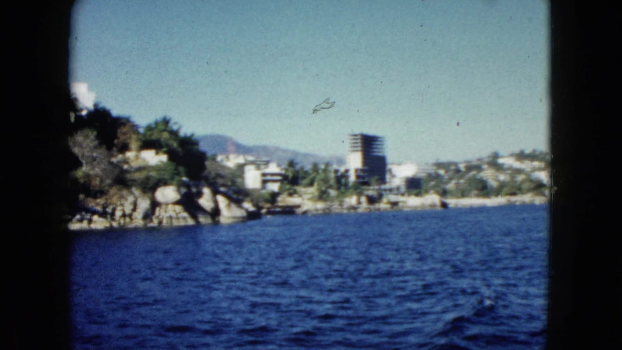 Coastal view with rocky point, palms, hillside buildings, a tall tower, and blue water in front.