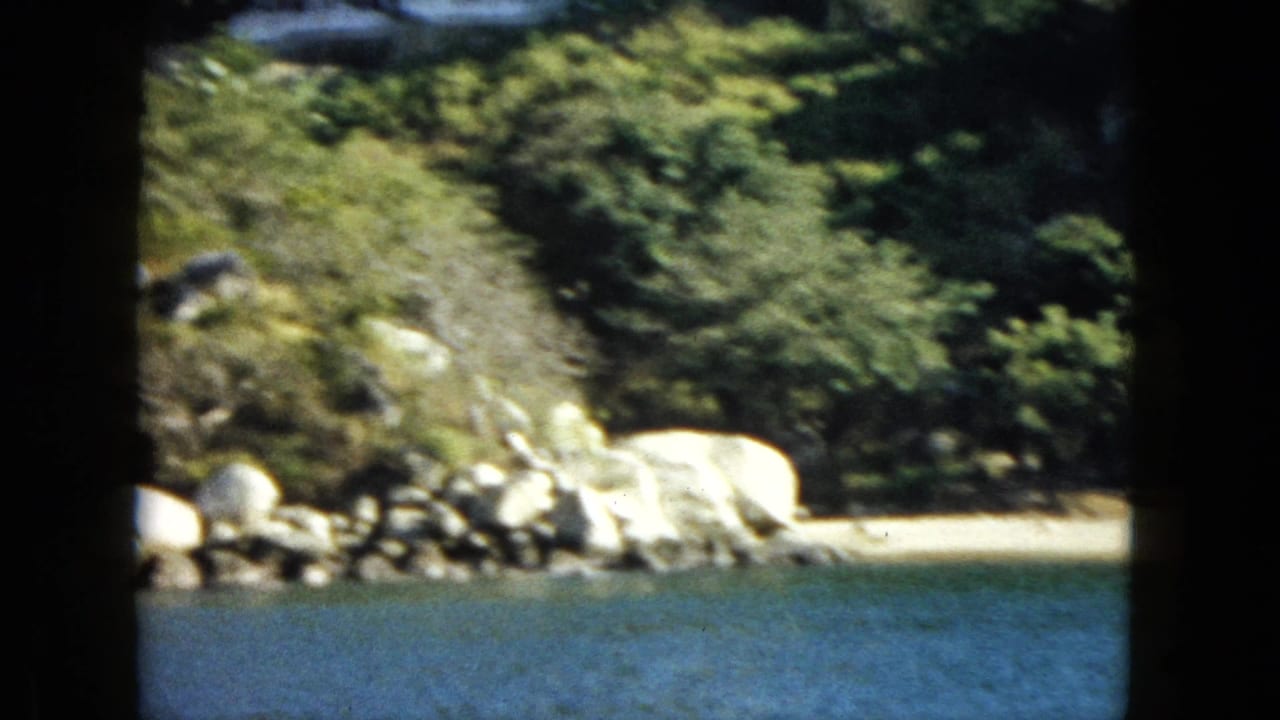 Rocky green shoreline and small sandy beach beside blue water.