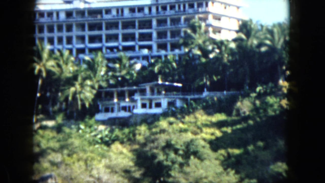 Large white hotel and palms seen across dense greenery with dark frame edges.