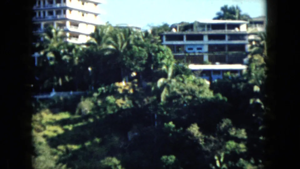 1962 Acapulco shoreline view with dense palms and trees below mid-century hotel buildings, softened by 8mm motion blur.