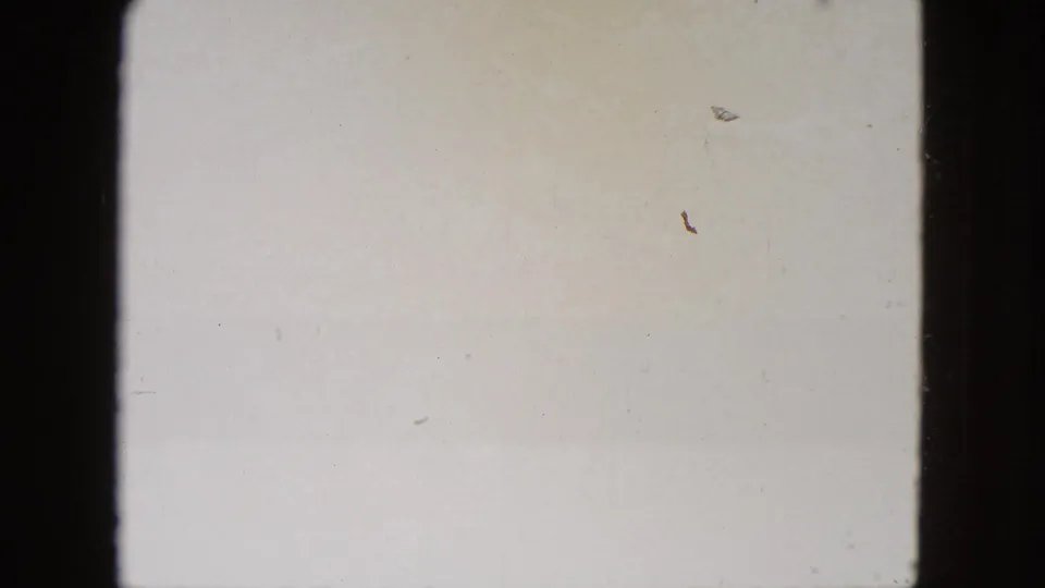 Overexposed blank frame from 8mm film reel with scattered dust specks, consistent with aged film stock from the early 1960s.