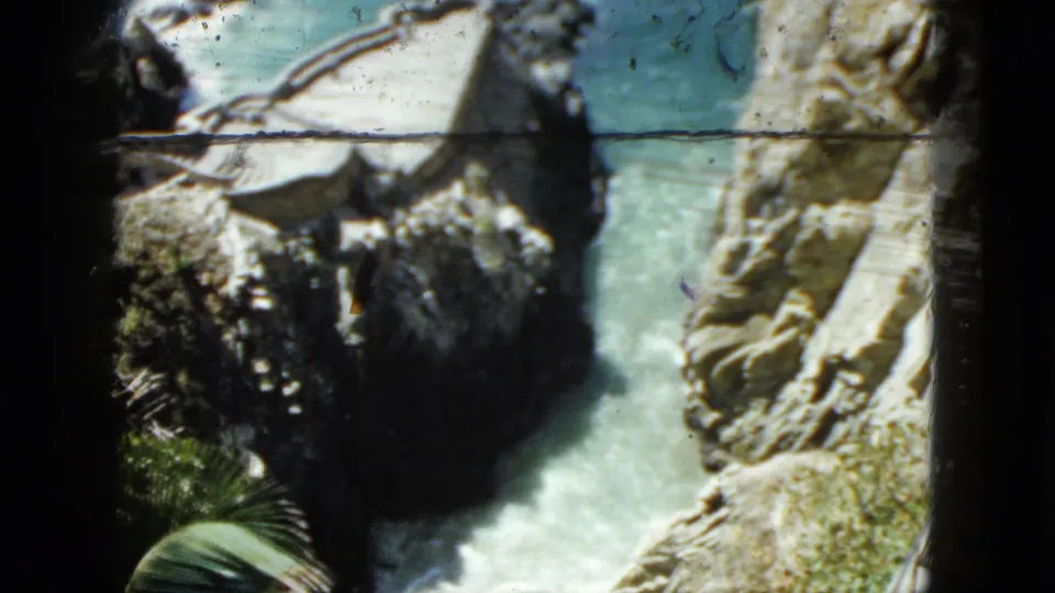Rocky coastal cove with turquoise water, dark rock formations, and tropical palm foliage in foreground, Acapulco area, circa 1962.