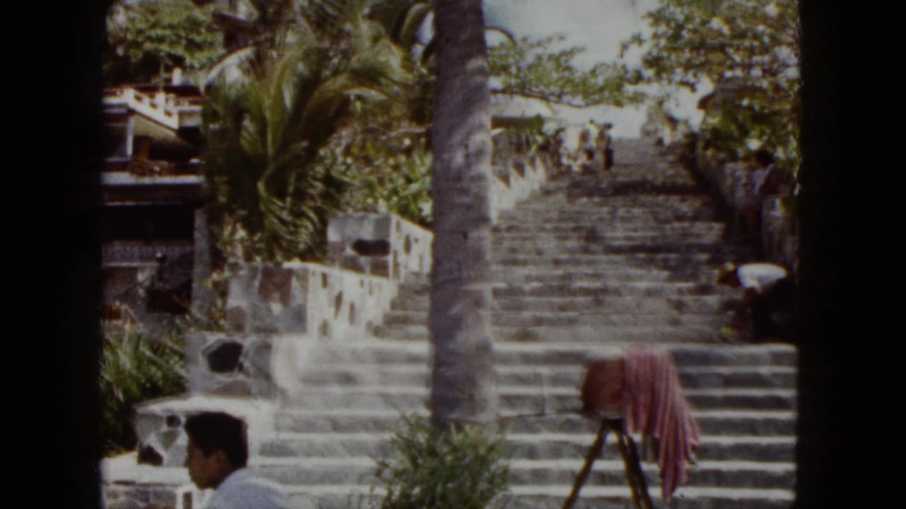 Stone stairway on a tropical hillside with palms, people, and a tripod in the foreground.