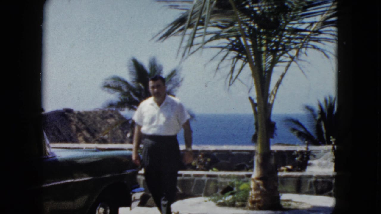 Man in white shirt turns toward camera on a stone ocean-view terrace, palm tree and dark sedan behind him.