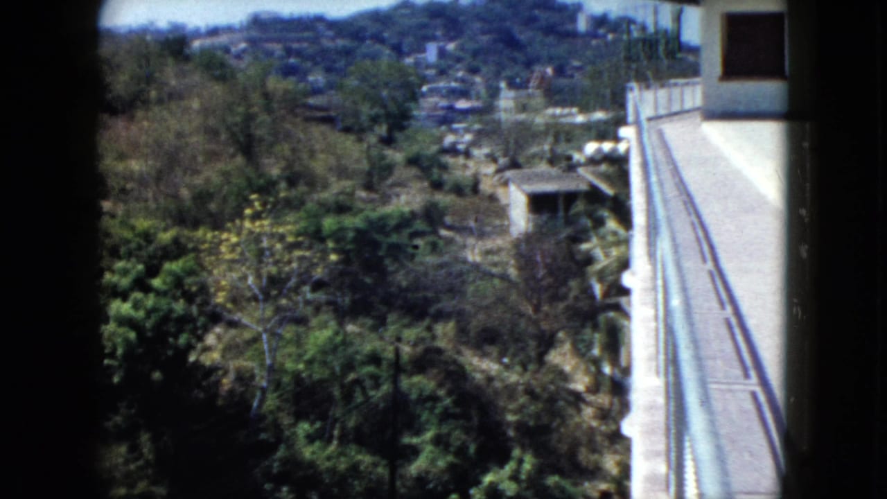 Balcony view over trees, hillside homes, and a white building edge.