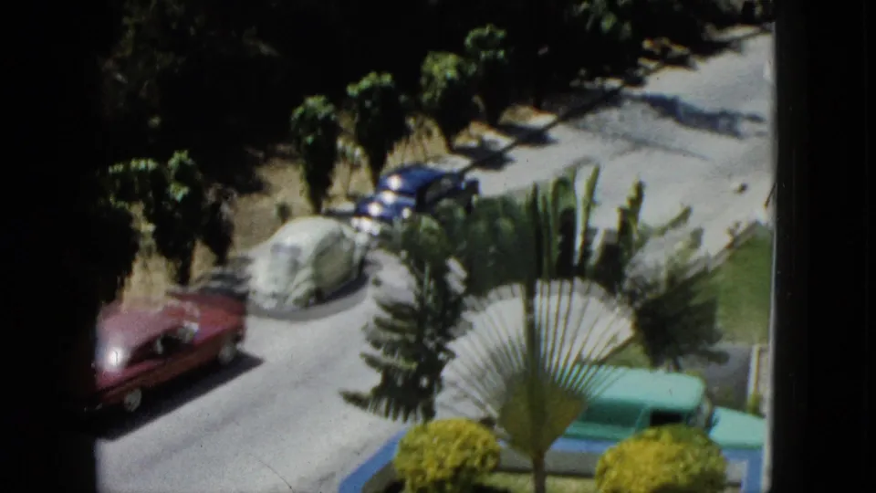 1962 Acapulco home-movie frame with softer focus on a street, parked cars, fan palm, shrubs, and tropical trees below a window.