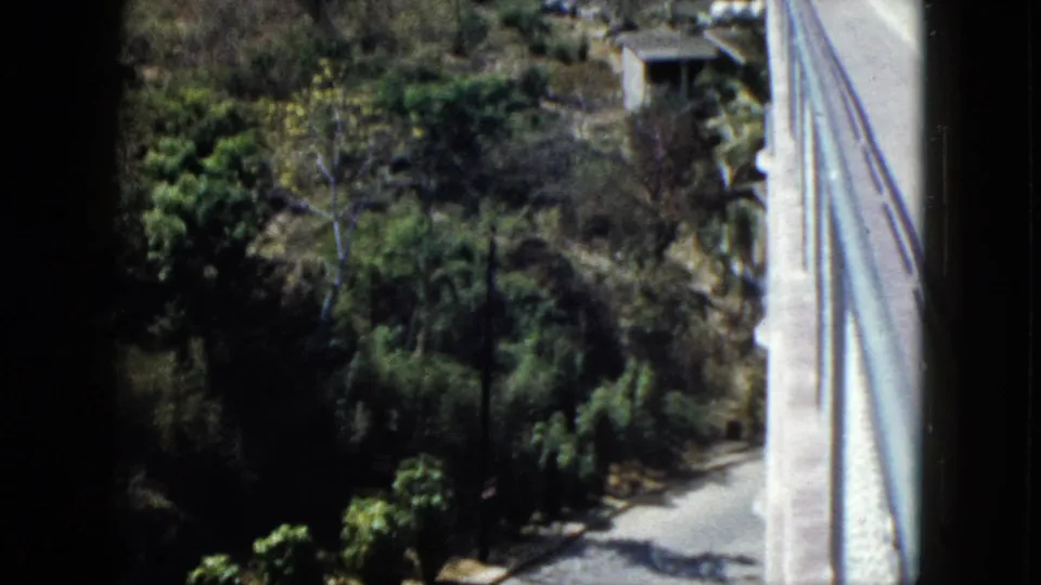 1962 Acapulco frame looking past a building edge toward dense tropical trees and a sunlit curving road.