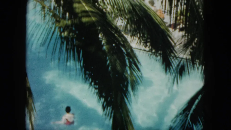 Palm fronds dominate the frame as a woman swims near the lower edge of blue water in this 1962 Acapulco home-movie shot.
