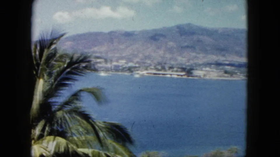 1962 Acapulco 8mm frame showing bay water, a developed shoreline, and mountains, with palm fronds cropped at the left edge.