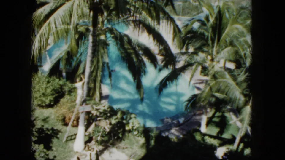 1962 Acapulco resort pool appears between tall palms, with dense greenery and strong midday light across the scene.