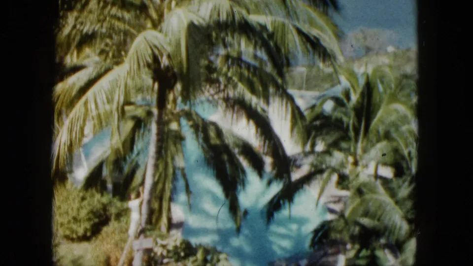 1962 Acapulco frame with a turquoise swimming pool, palm shadows and surrounding garden foliage in a soft 8mm scan.