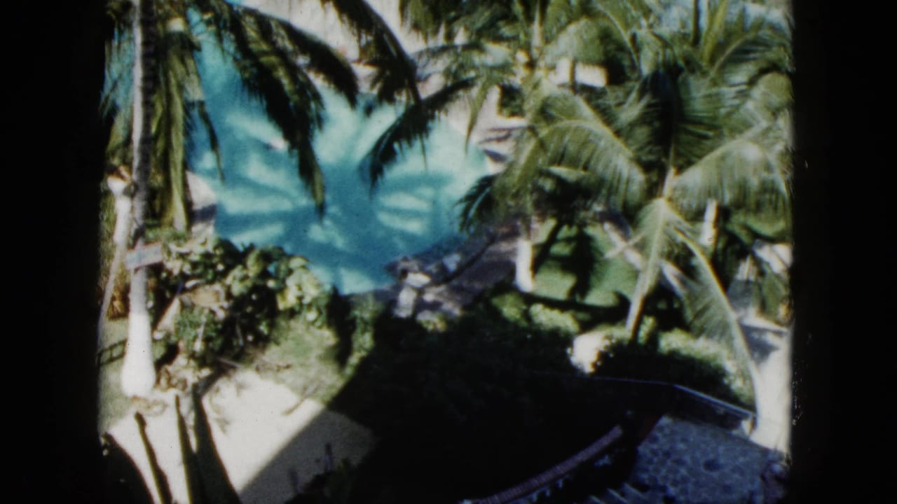 1962 Acapulco hotel view with palm shadows, pool water, landscaping, and a dark roof or ledge in the foreground.