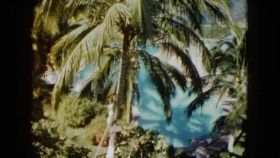 1962 Acapulco home-movie frame with a palm trunk in front of turquoise pool water, shrubs, and sunlit resort landscaping.