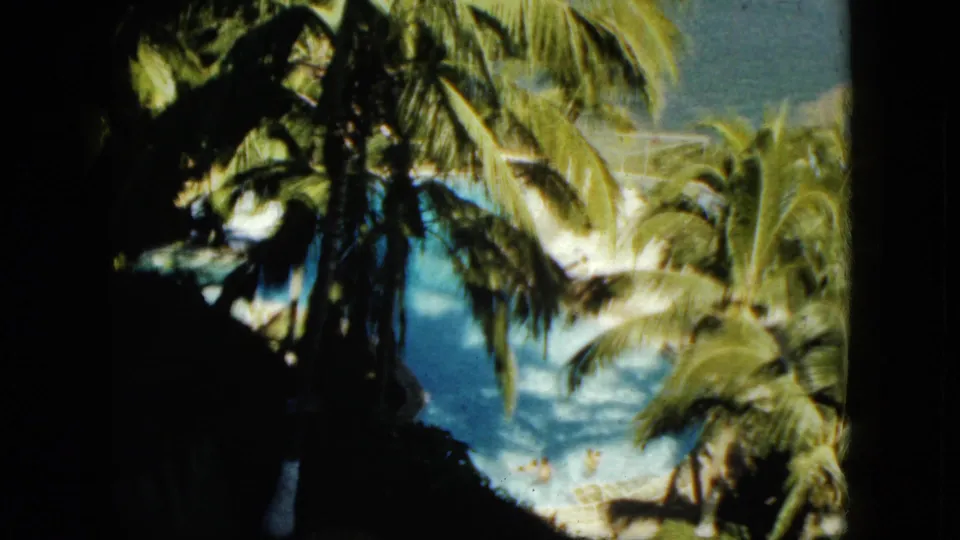 Palm-covered 1962 Acapulco resort scene with a blue pool partly hidden by dark shade and tropical foliage.