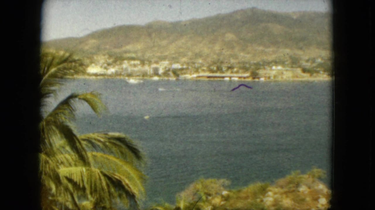 1962 Acapulco home-movie view of a bay, distant hillside town, palm fronds, and hazy mountains beyond the water.