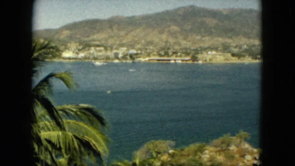 1962 Acapulco harbor scene with palm leaves close to the lens, small boats on the bay, a developed shoreline, and sunlit mountains beyond.
