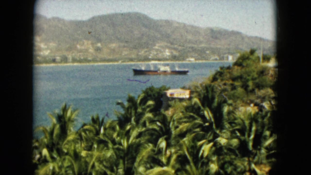 A ship crosses calm bay water beyond dense palms and hillside greenery.