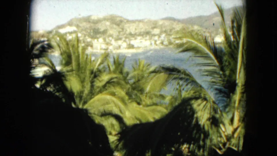 1962 Acapulco view with palms in the foreground, blue bay water, and a pale hillside town under bright daylight.