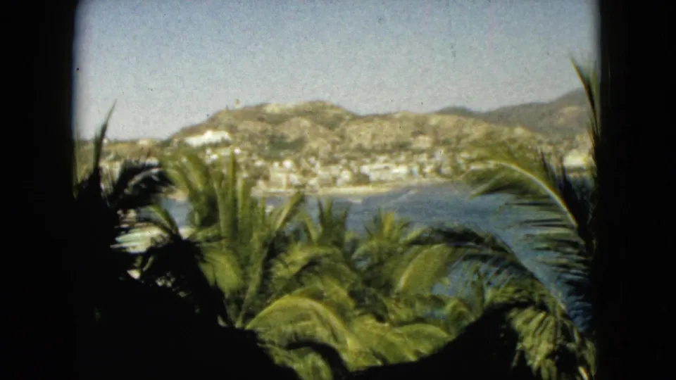 Final Acapulco frame showing palm fronds below a distant bay, hillside development, and rugged mountains in vintage 8mm color.