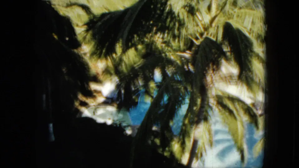 Acapulco beach scene from 1962 home-movie footage, with palm canopy in shadow above sand and ocean.