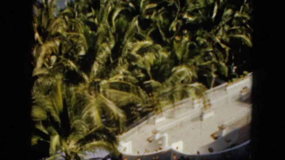 High-angle 1962 Acapulco travel frame with dense palms and a partial view of the white resort roofline.